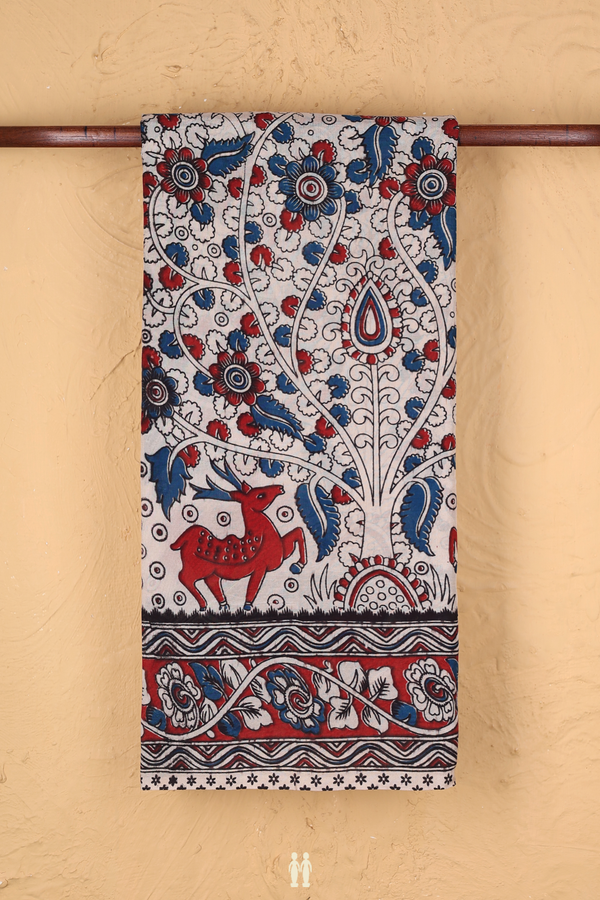 Kalamkari Cotton Saree In Beige With Floral Design
