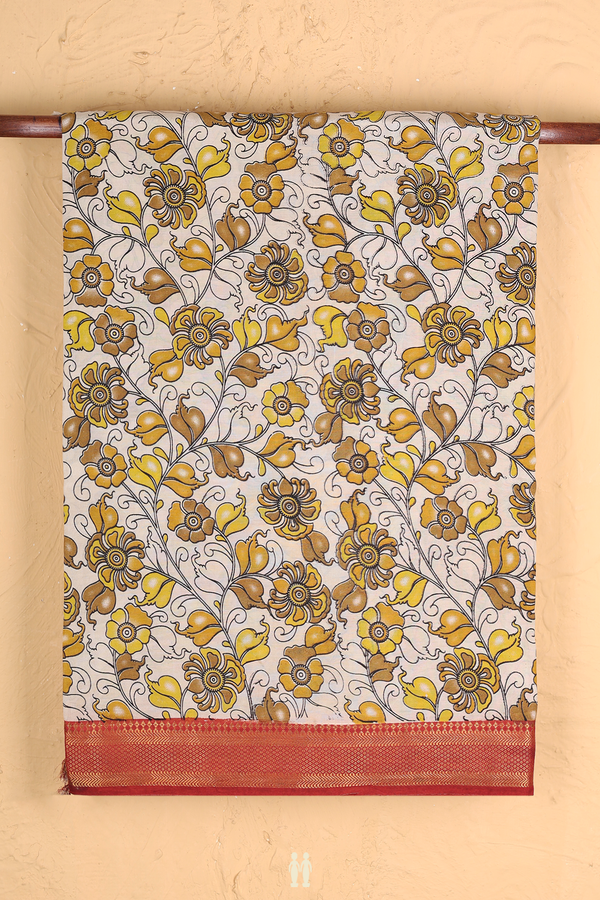Kalamkari Cotton Saree In Beige With Floral Design