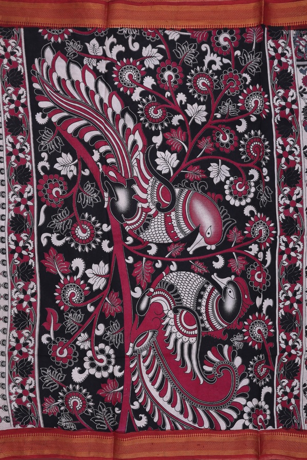 Kalamkari Cotton Saree In Beige With Floral Design