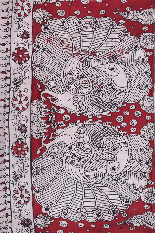 Kalamkari Cotton Saree In Beige With Floral Design