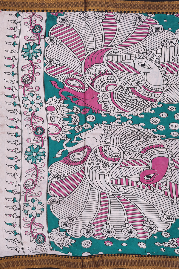 Kalamkari Cotton Saree In Beige With Floral Design