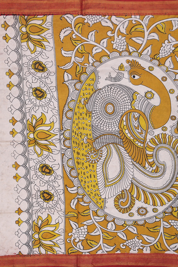 Kalamkari Cotton Saree In Beige With Floral Design