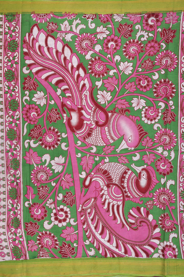 Kalamkari Cotton Saree In Ivory With Floral Design