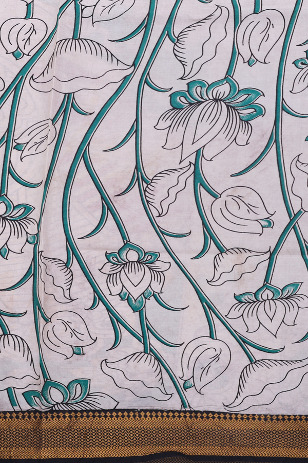 Kalamkari Cotton Saree In Beige With Floral Design