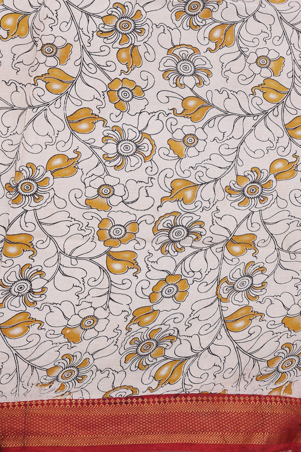 Kalamkari Cotton Saree In Beige With Floral Design