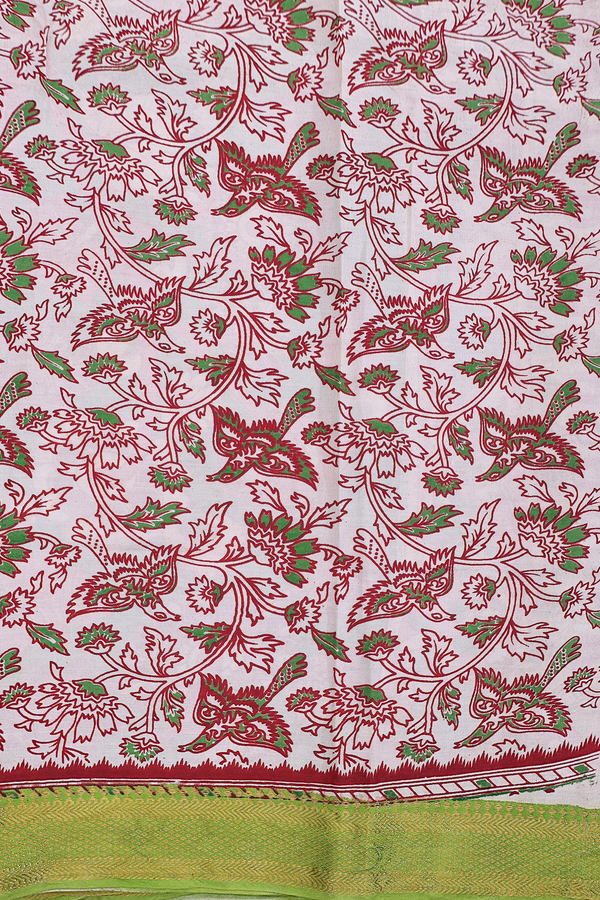 Kalamkari Cotton Saree In Ivory With Floral Design