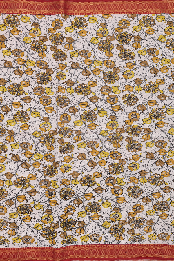 Kalamkari Cotton Saree In Beige With Floral Design
