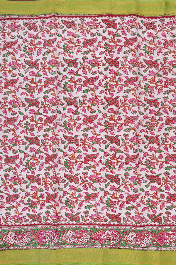 Kalamkari Cotton Saree In Ivory With Floral Design