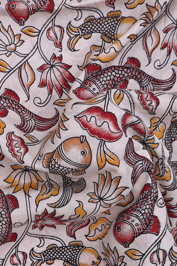 Kalamkari Cotton Saree In Beige With Fish Design