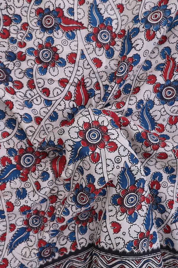 Kalamkari Cotton Saree In Beige With Floral Design