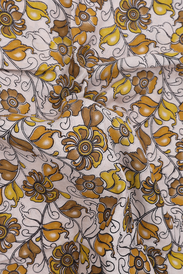 Kalamkari Cotton Saree In Beige With Floral Design