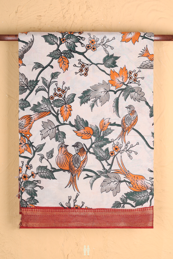 Kalamkari Cotton Saree In Beige With Printed Design