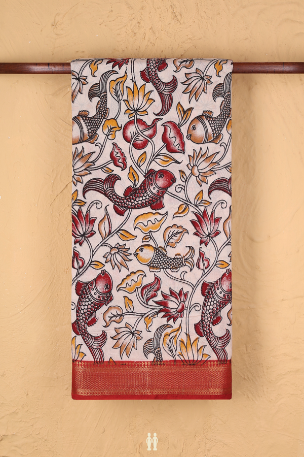 Kalamkari Cotton Saree In Beige With Printed Design
