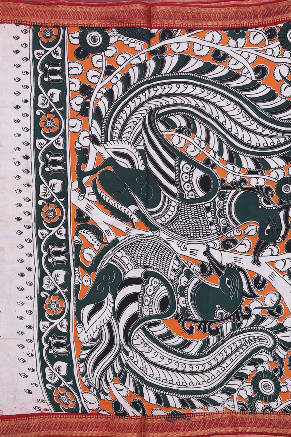 Kalamkari Cotton Saree In Beige With Printed Design