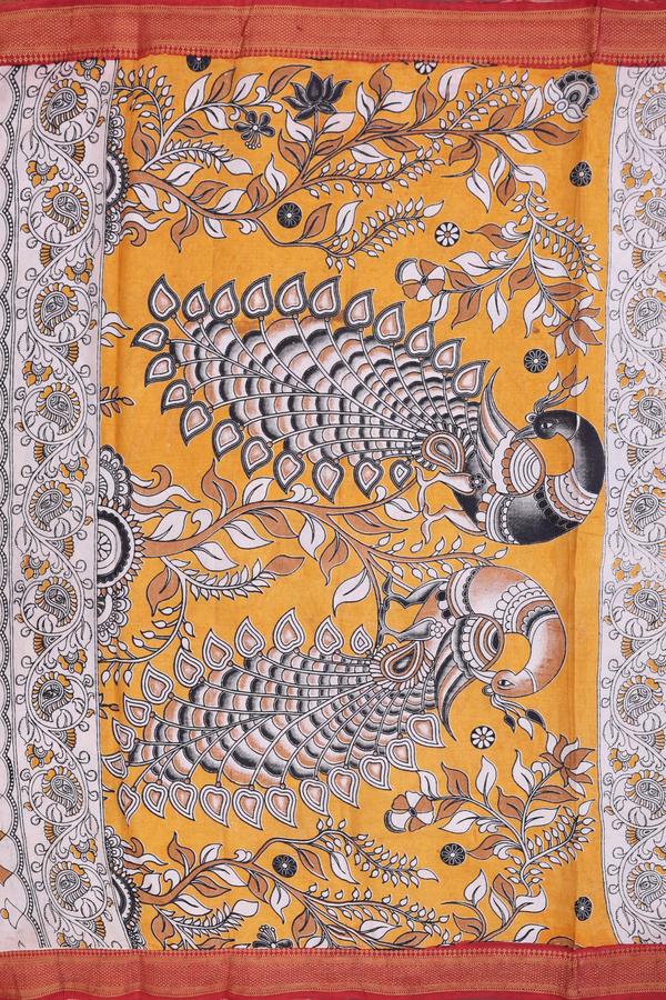 Kalamkari Cotton Saree In Beige With Printed Design