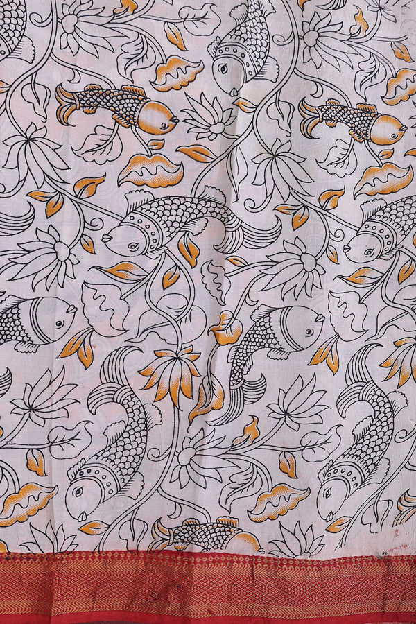 Kalamkari Cotton Saree In Beige With Printed Design