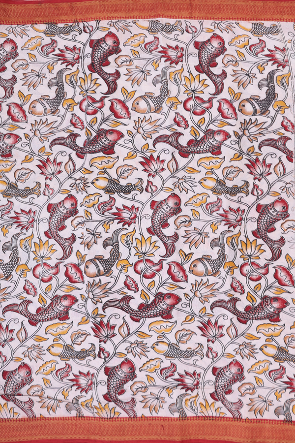 Kalamkari Cotton Saree In Beige With Printed Design