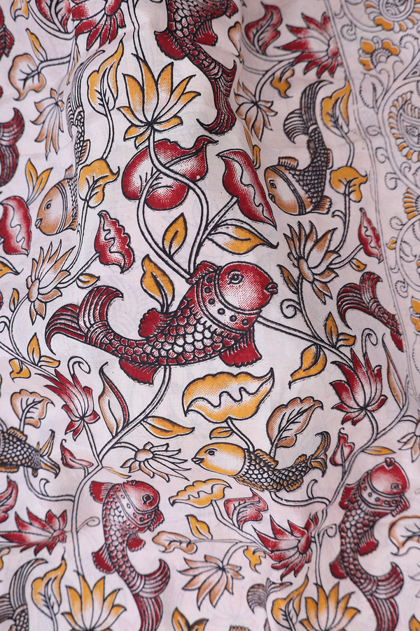 Kalamkari Cotton Saree In Beige With Printed Design