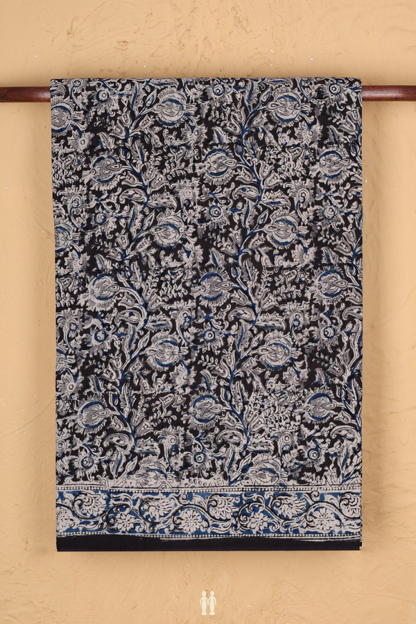 Kalamkari Cotton Saree In Black With Floral Design
