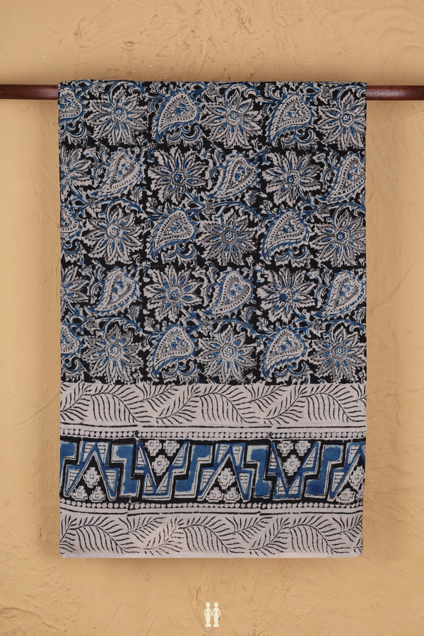 Kalamkari Cotton Saree In Black With Floral Design