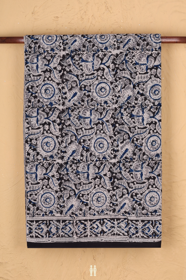 Kalamkari Cotton Saree In Black With Floral Design