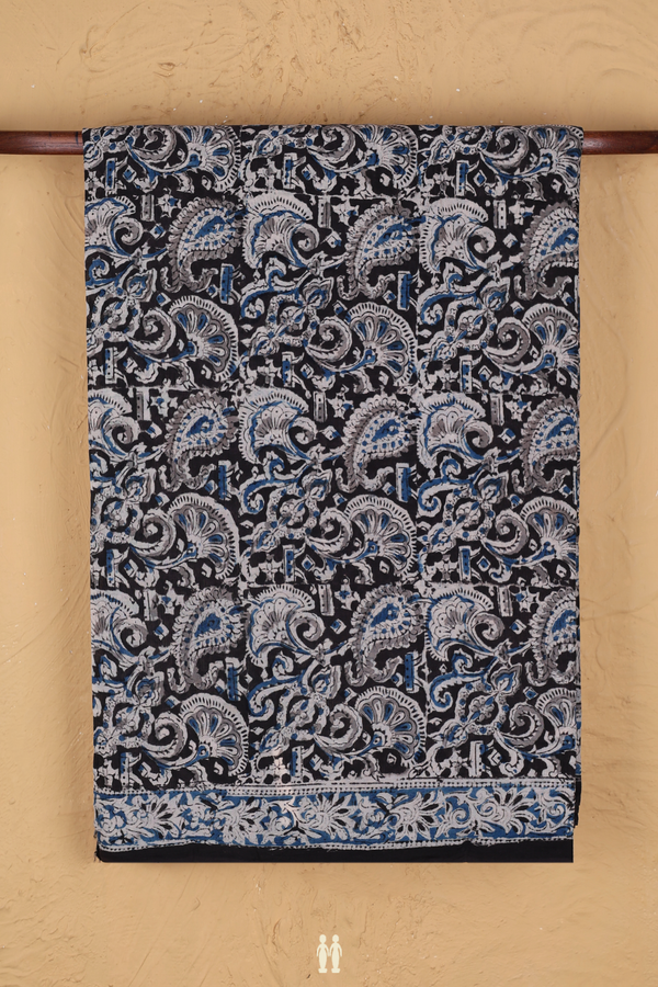 Kalamkari Cotton Saree In Black With Floral Design