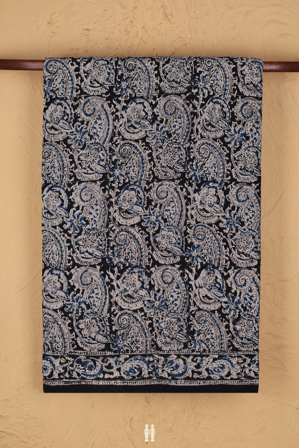 Kalamkari Cotton Saree In Black With Floral Design