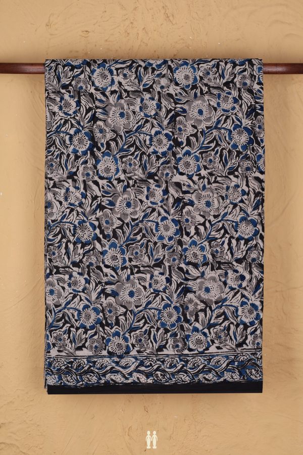 Kalamkari Cotton Saree In Black With Floral Design