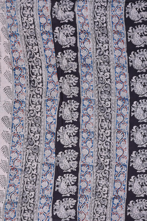 Kalamkari Cotton Saree In Black With Floral Design