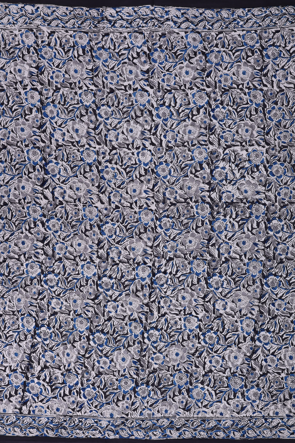 Kalamkari Cotton Saree In Black With Floral Design