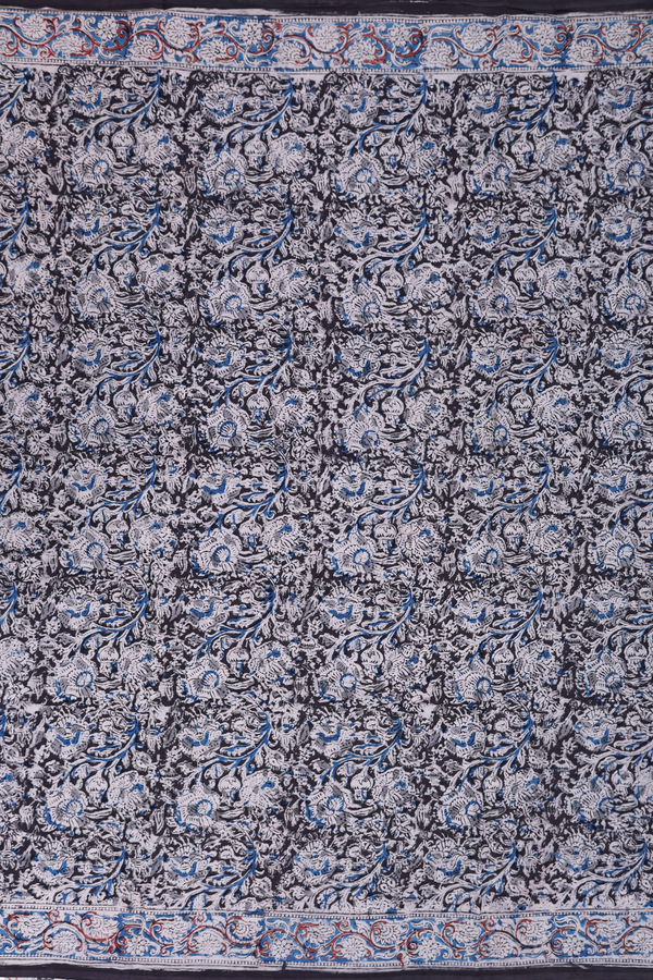 Kalamkari Cotton Saree In Black With Floral Design