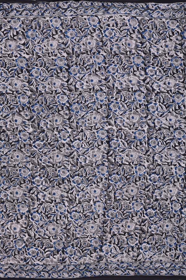 Kalamkari Cotton Saree In Black With Floral Design