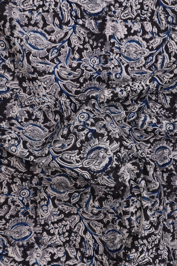 Kalamkari Cotton Saree In Black With Floral Design