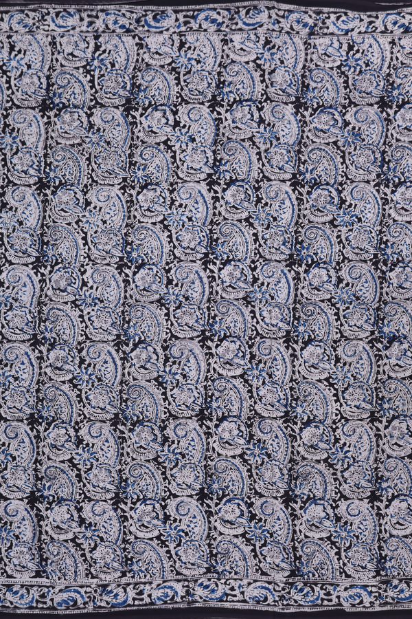 Kalamkari Cotton Saree In Black With Paisley Design