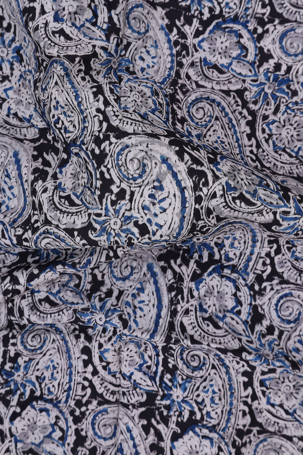 Kalamkari Cotton Saree In Black With Paisley Design