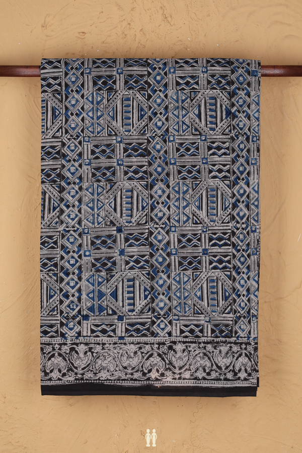 Kalamkari Cotton Saree In Black With Printed Design