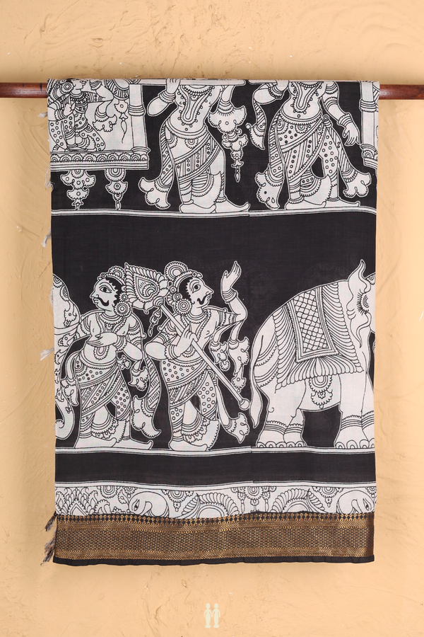Kalamkari Cotton Saree In Black With Printed Design