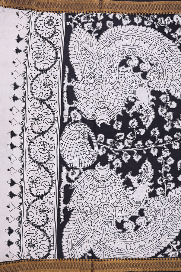 Kalamkari Cotton Saree In Black With Printed Design