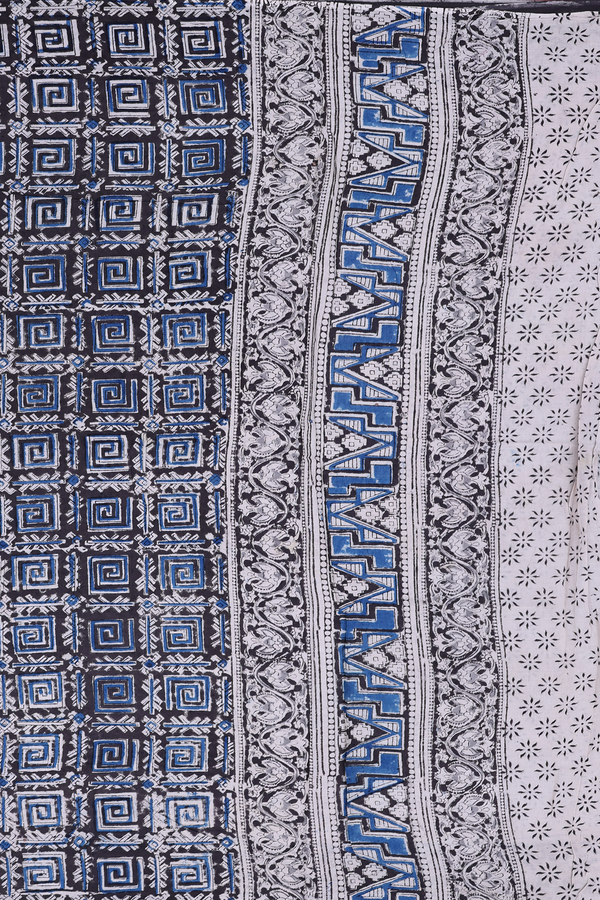 Kalamkari Cotton Saree In Black With Printed Design