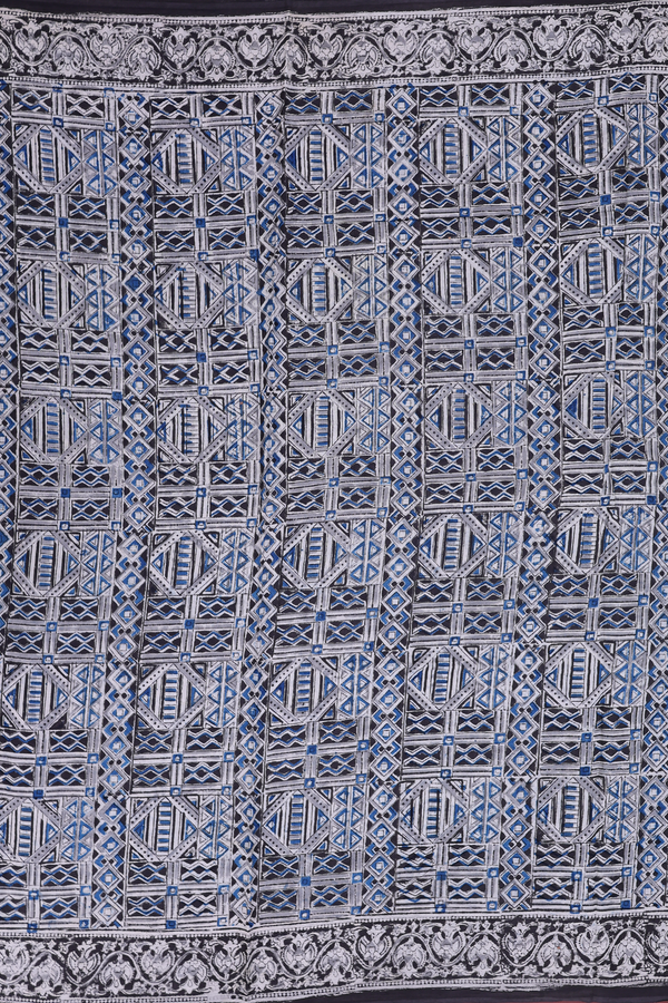 Kalamkari Cotton Saree In Black With Printed Design