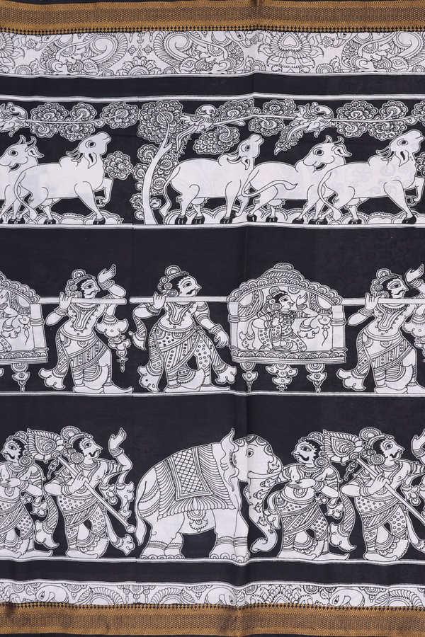 Kalamkari Cotton Saree In Black With Printed Design