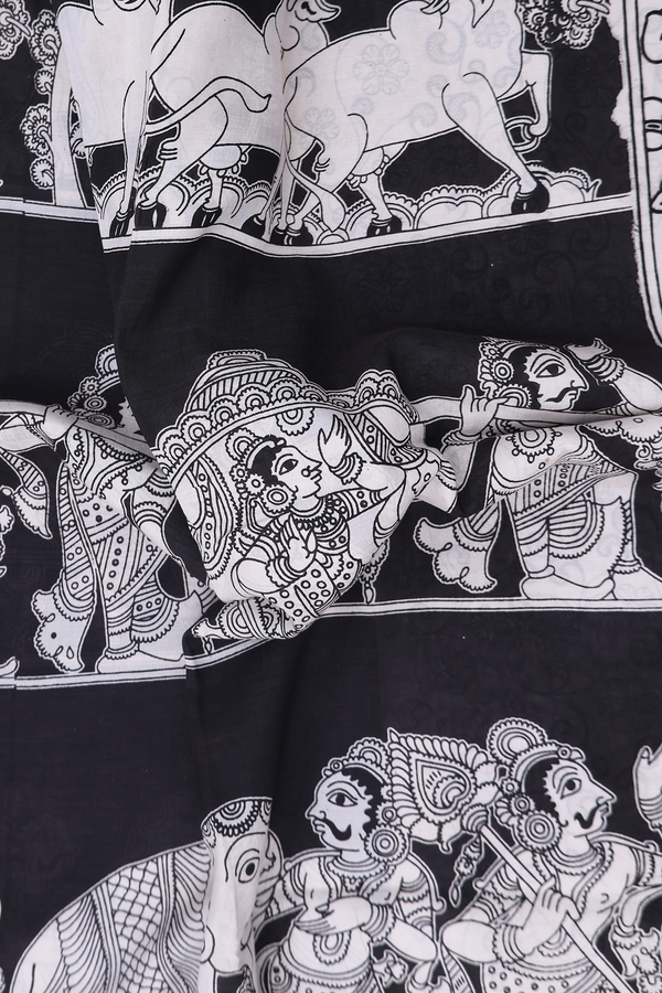 Kalamkari Cotton Saree In Black With Printed Design