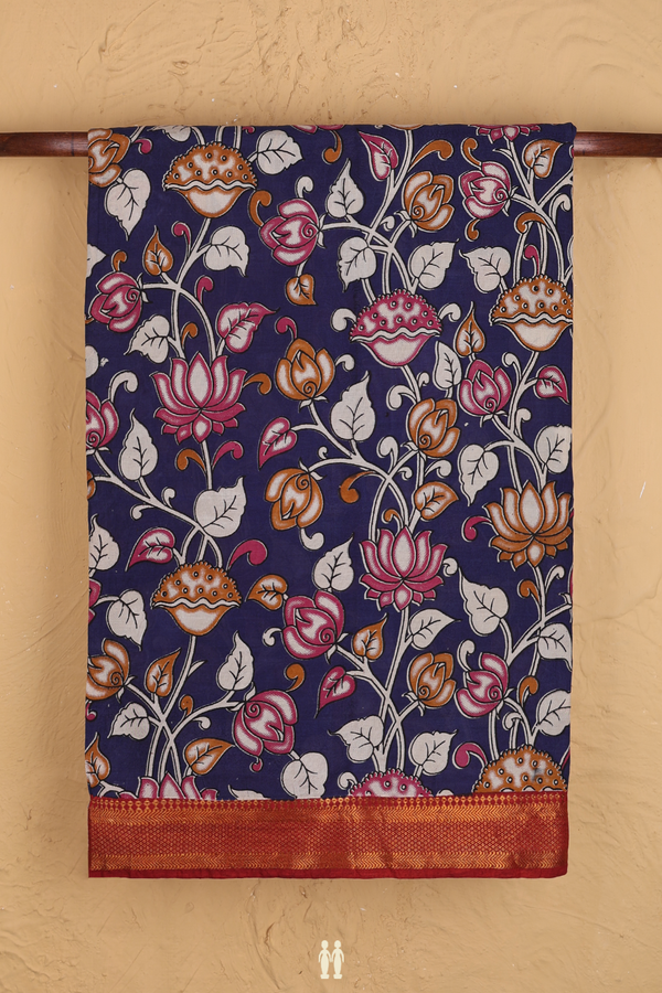 Kalamkari Cotton Saree In Blue With Floral Design