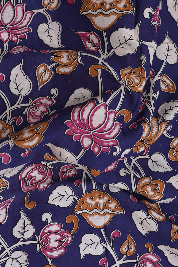 Kalamkari Cotton Saree In Blue With Floral Design