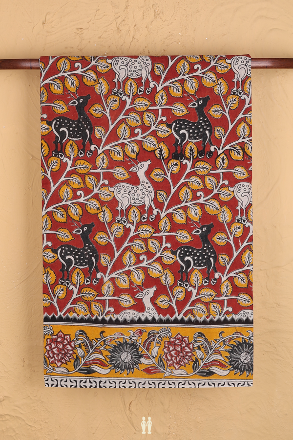Kalamkari Cotton Saree In Brick Red With Deer Design