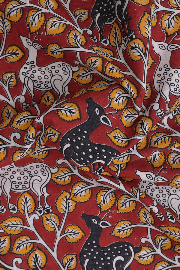 Kalamkari Cotton Saree In Brick Red With Deer Design