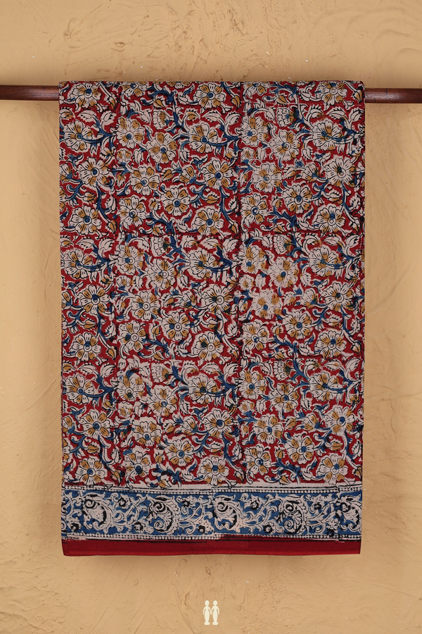 Kalamkari Cotton Saree In Brick Red With Floral Design
