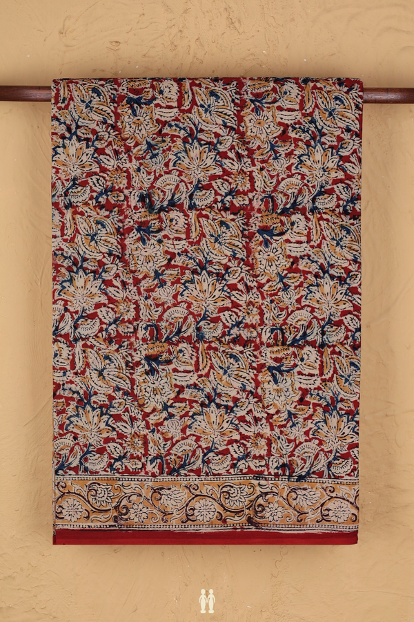 Kalamkari Cotton Saree In Brick Red With Floral Design