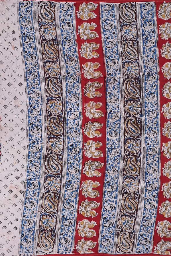 Kalamkari Cotton Saree In Brick Red With Floral Design
