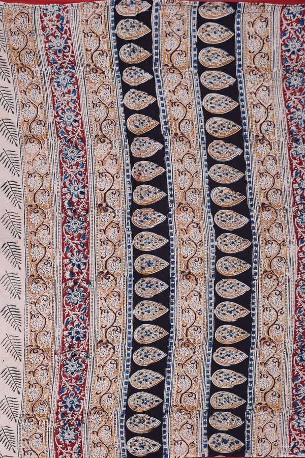 Kalamkari Cotton Saree In Brick Red With Floral Design